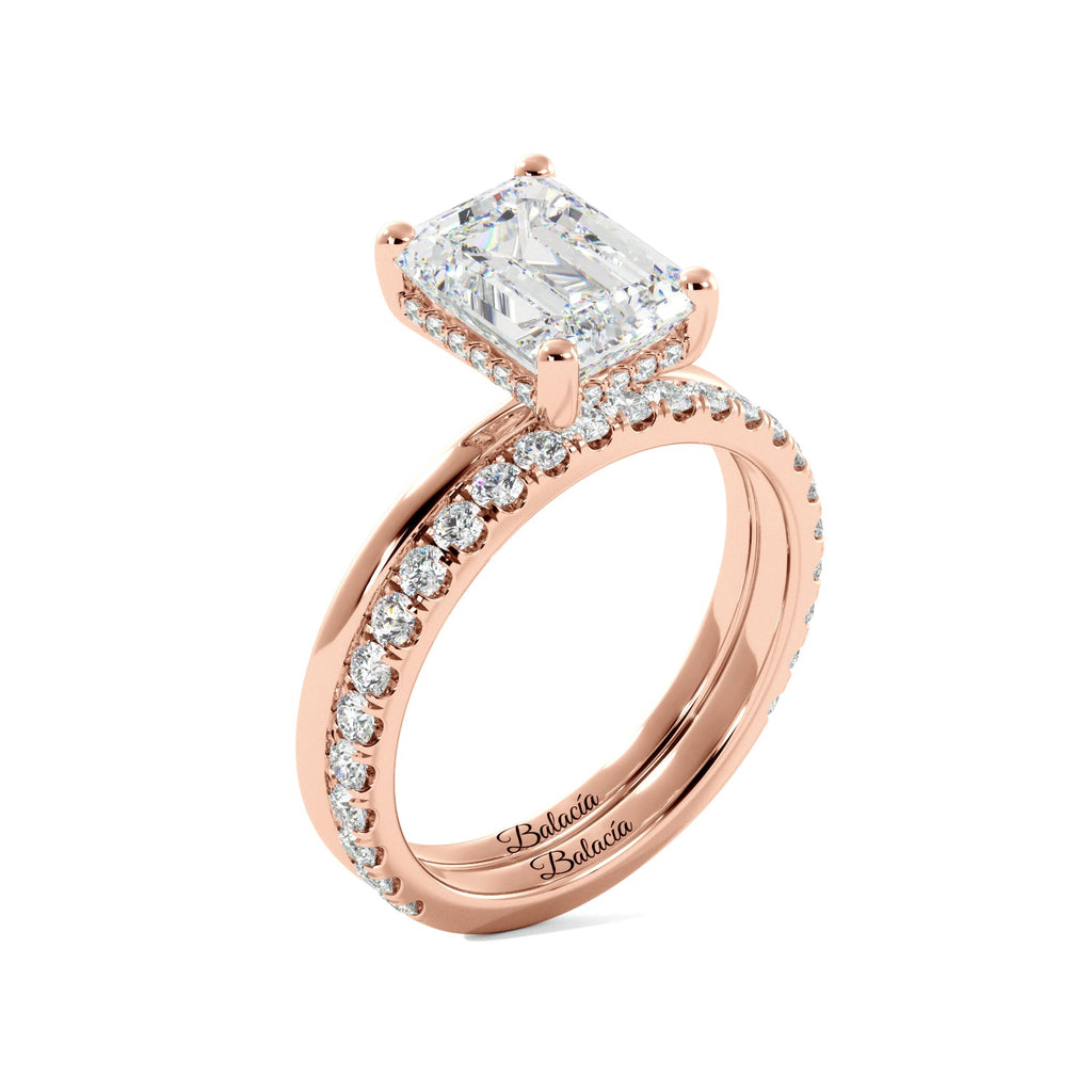 Emerald Cut Diamond Rose Gold Solitaire Engagement Ring Set with Hidden Halo