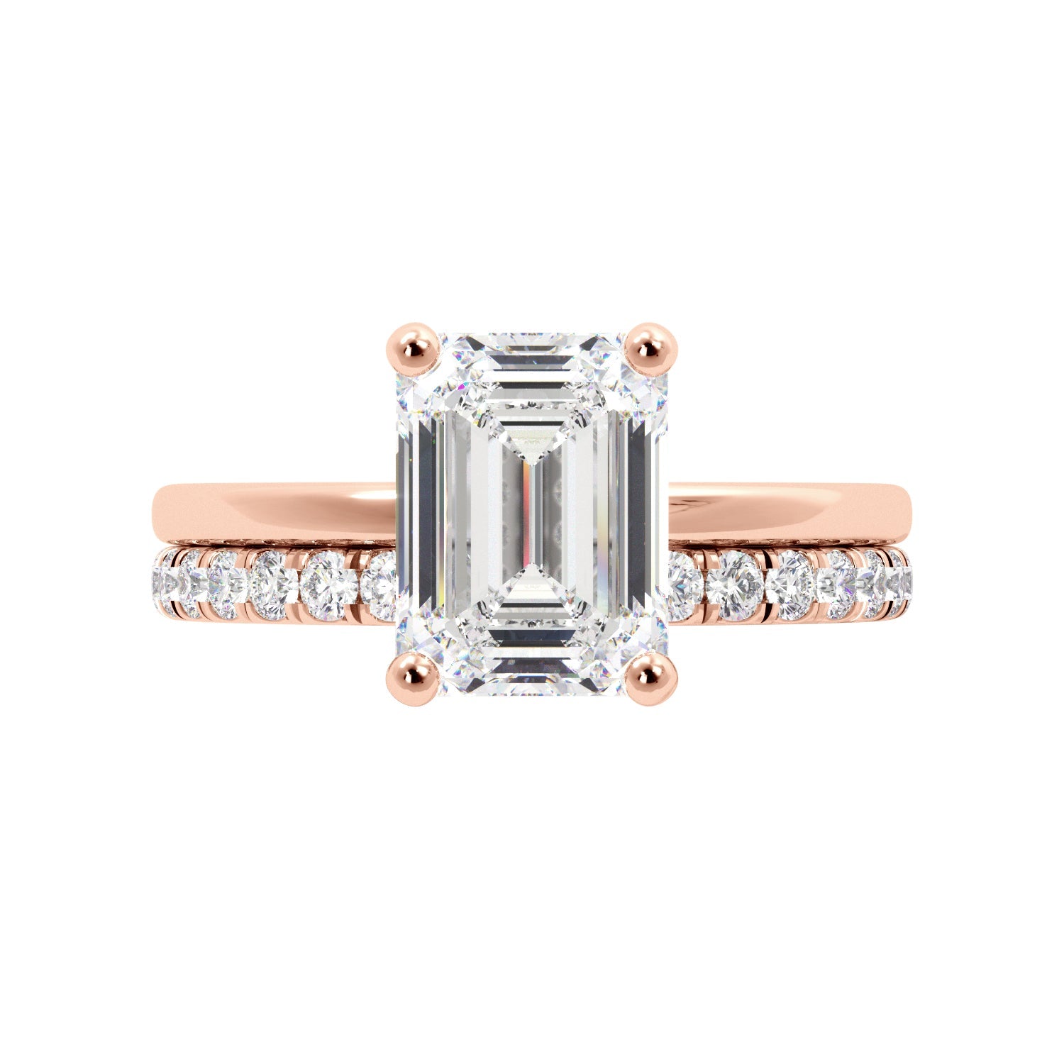 Emerald Cut Diamond Solitaire Rose Gold Engagement Ring Set with Hidden Halo