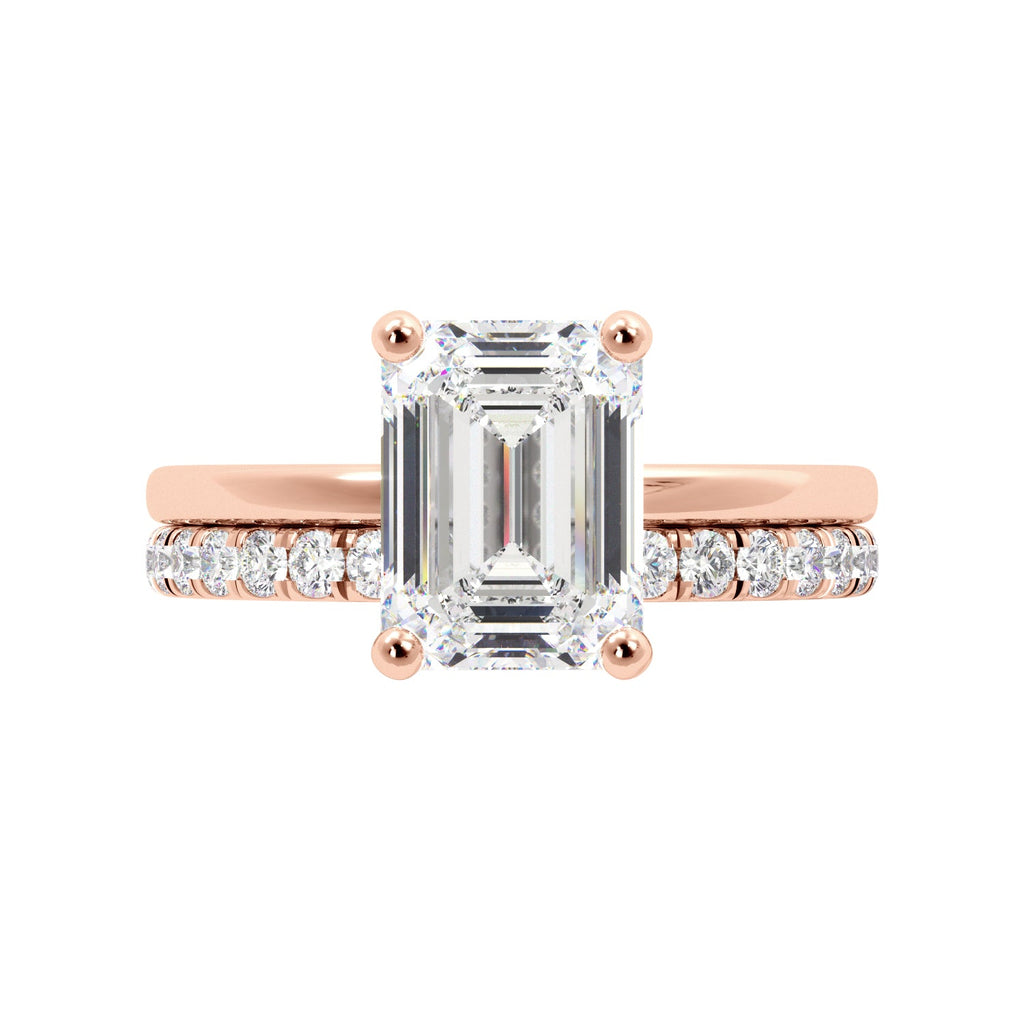 Emerald Cut Diamond Solitaire Rose Gold Engagement Ring Set with Hidden Halo
