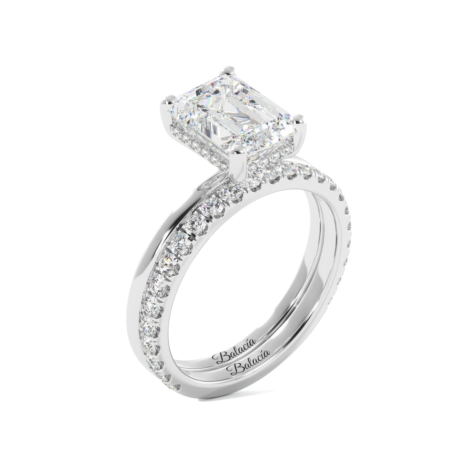 Emerald Cut Diamond Solitaire White Gold Engagement Ring Set with Hidden Halo