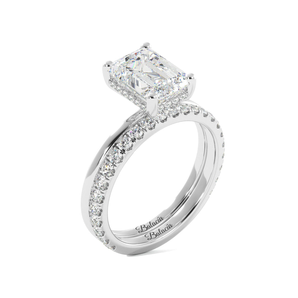 Emerald Cut Diamond Solitaire White Gold Engagement Ring Set with Hidden Halo