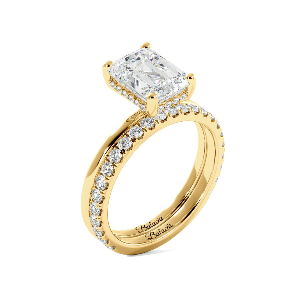 Emerald Cut Diamond Solitaire Yellow Gold Engagement Ring Set with Hidden Halo
