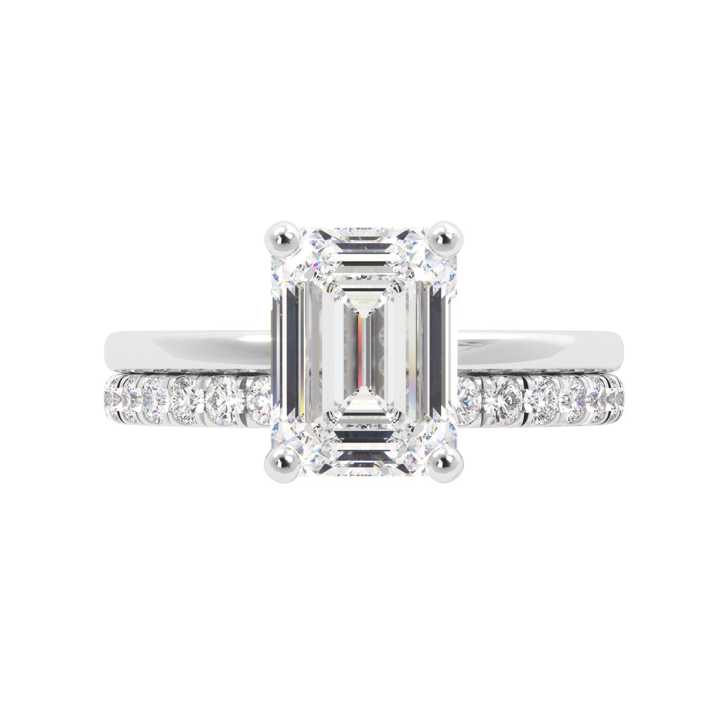 Emerald Cut Diamond White Gold Solitaire Engagement Ring Set with Hidden Halo