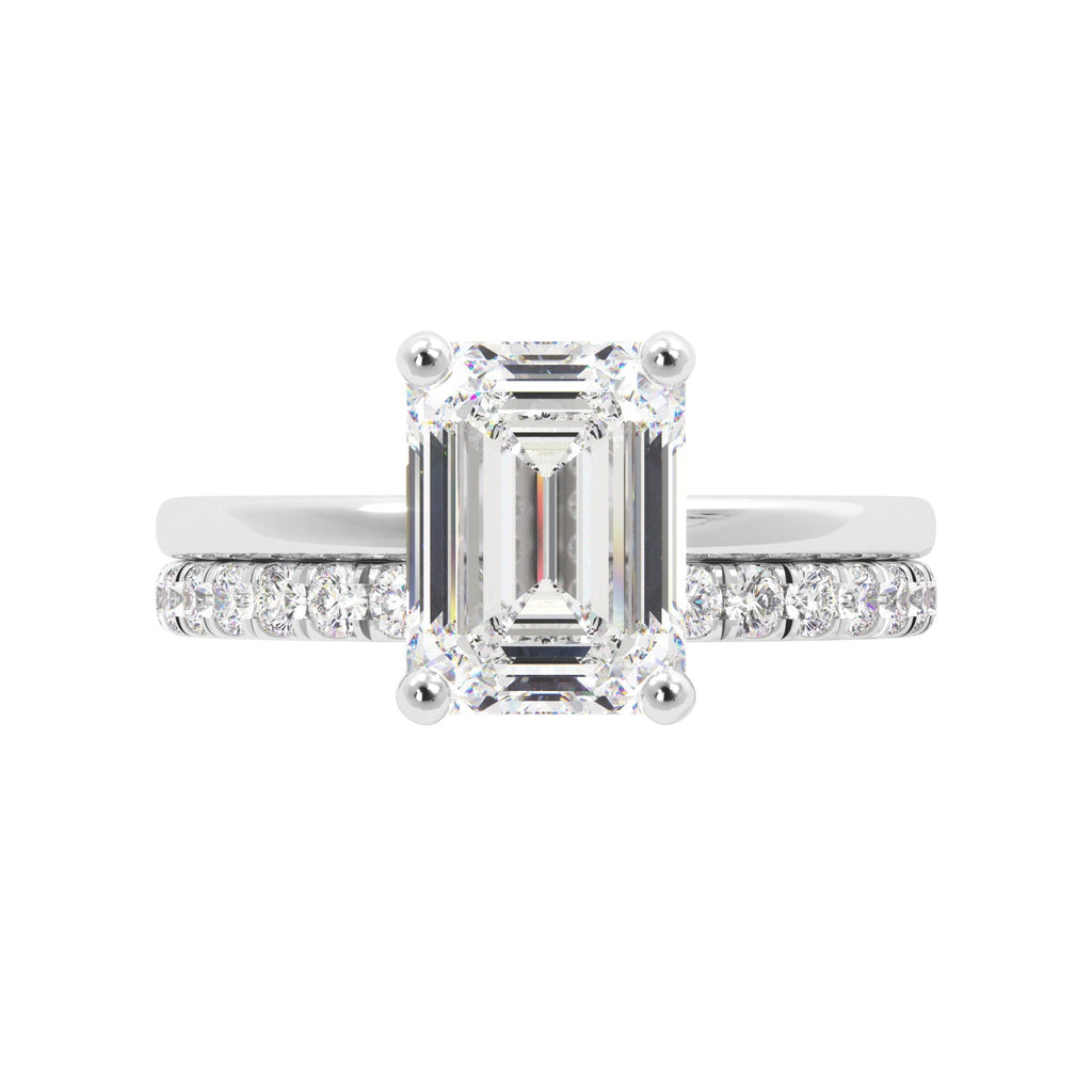 Emerald Cut Diamond White Gold Solitaire Engagement Ring Set with Hidden Halo