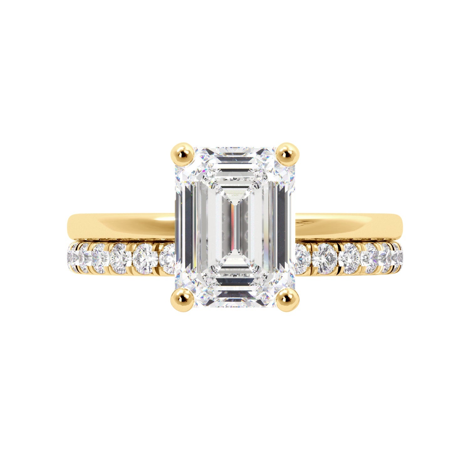 Emerald Cut Diamond Yellow Gold Solitaire Engagement Ring Set with Hidden Halo