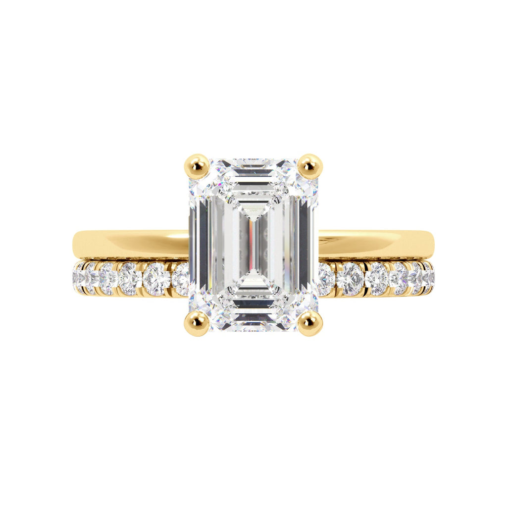 Emerald Cut Diamond Yellow Gold Solitaire Engagement Ring Set with Hidden Halo