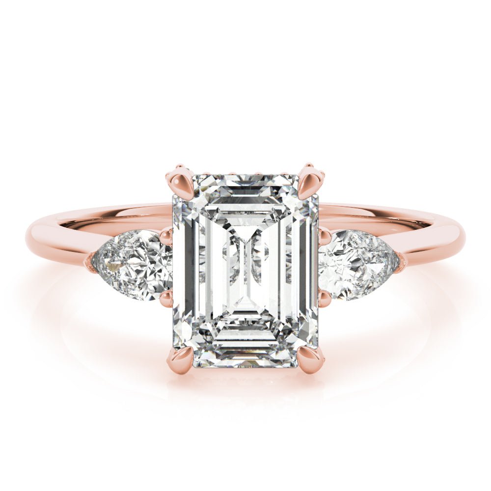 Emerald Cut with Pear Sides Three Stone Engagement Ring Rose Gold