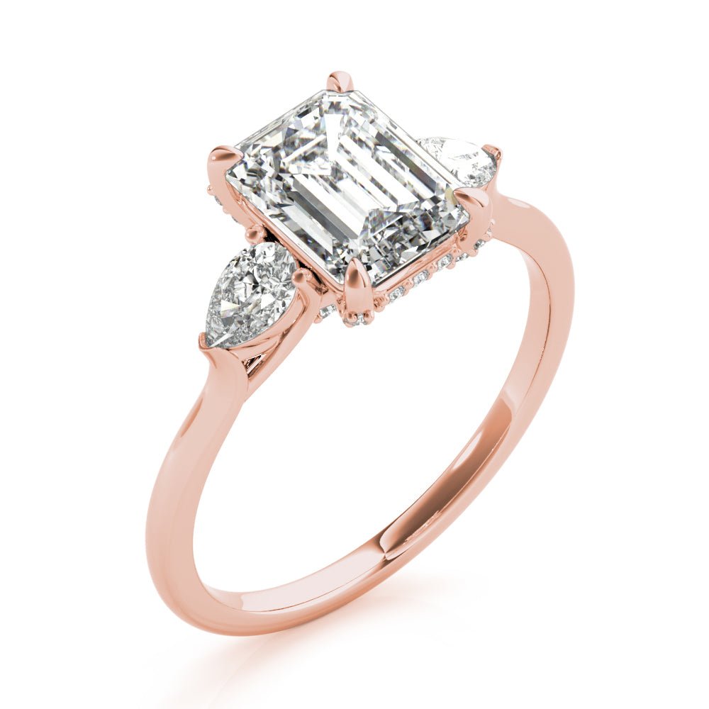 Emerald Cut with Pear Sides Three Stone Rose Gold Engagement Ring