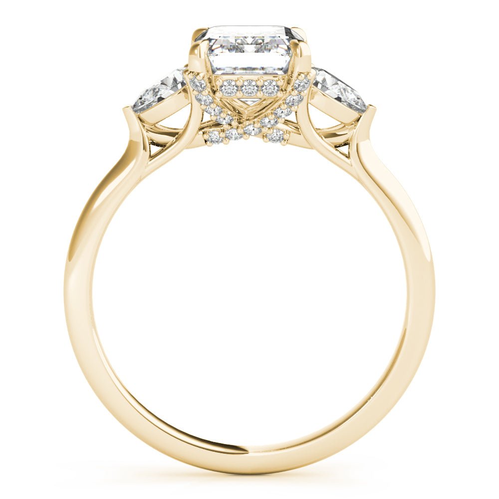 Emerald Cut with Pear Sides Three Stone Yellow Gold Engagement Ring Side
