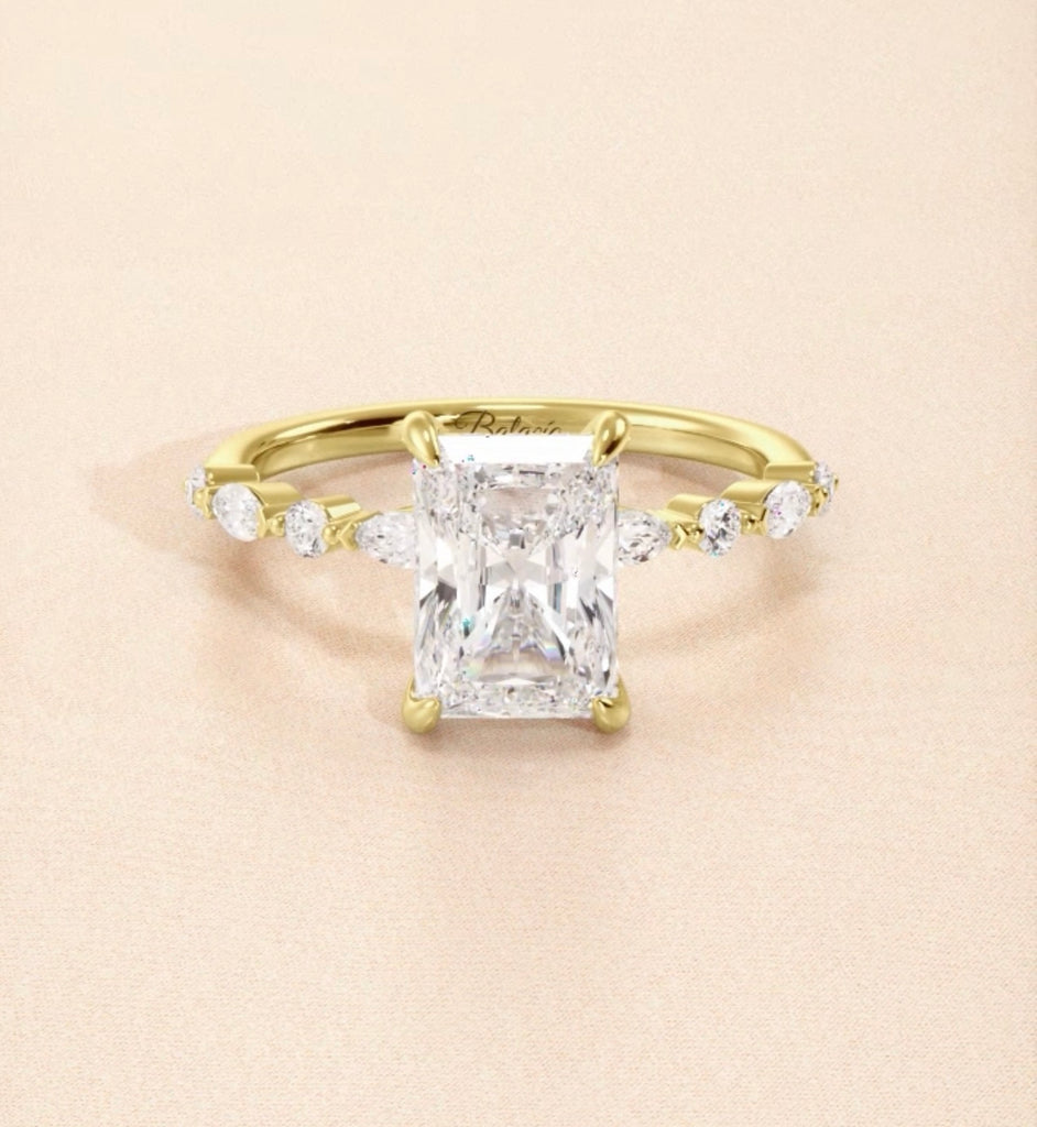 1.5ct Natural Diamond Radiant Cut Engagement Ring w/ Marquise Side Stones & Hidden Halo