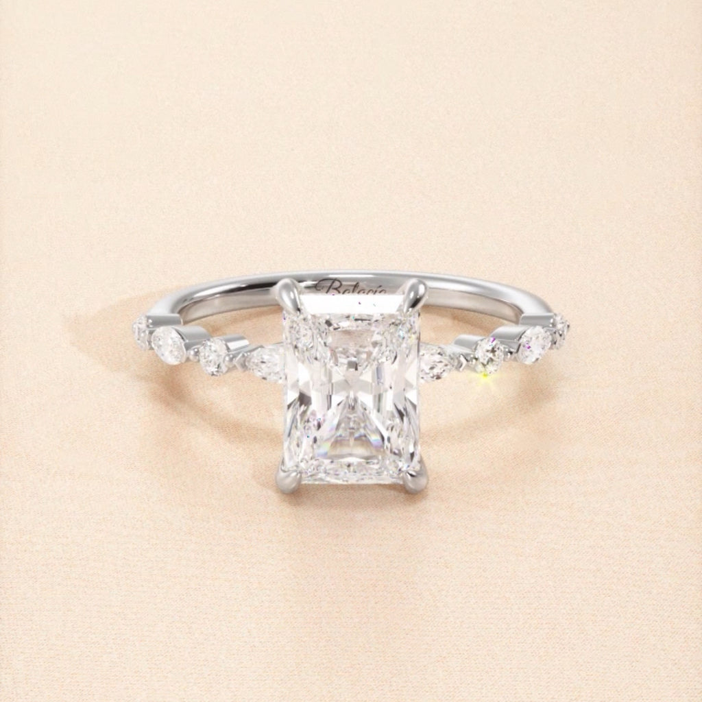 1.5ct Natural Diamond Radiant Cut Engagement Ring w/ Marquise Side Stones & Hidden Halo