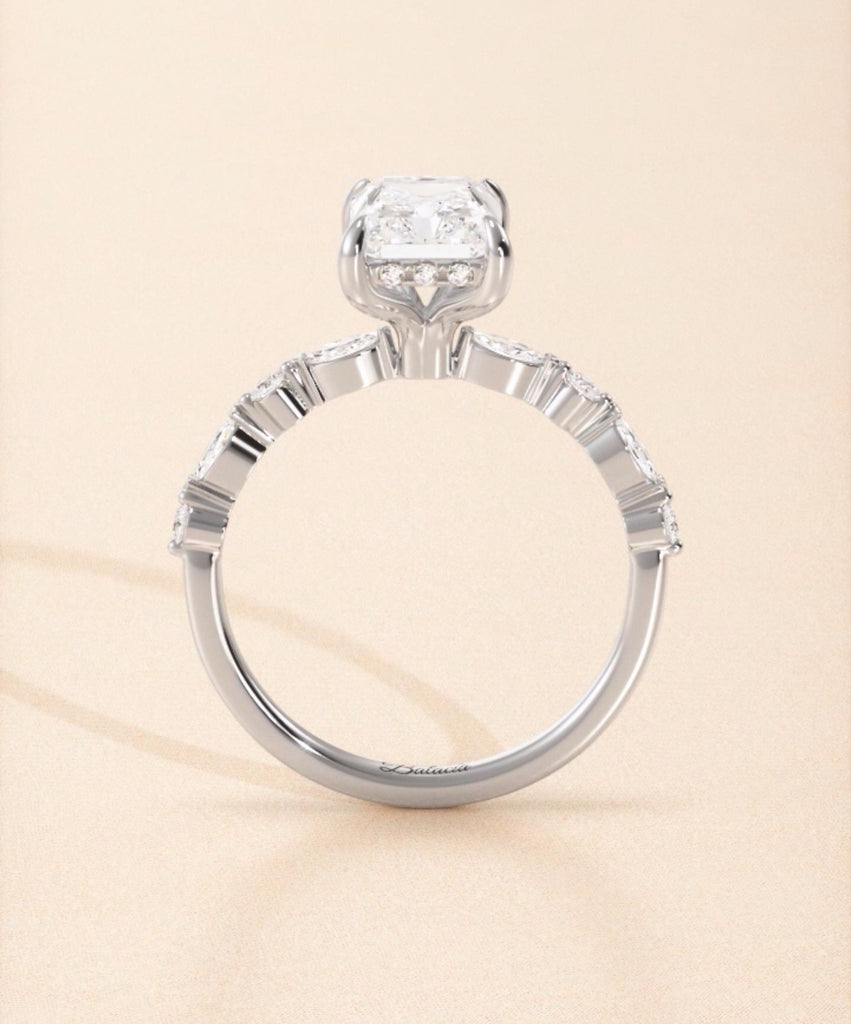 1.5ct Natural Diamond Radiant Cut Engagement Ring w/ Marquise Side Stones & Hidden Halo