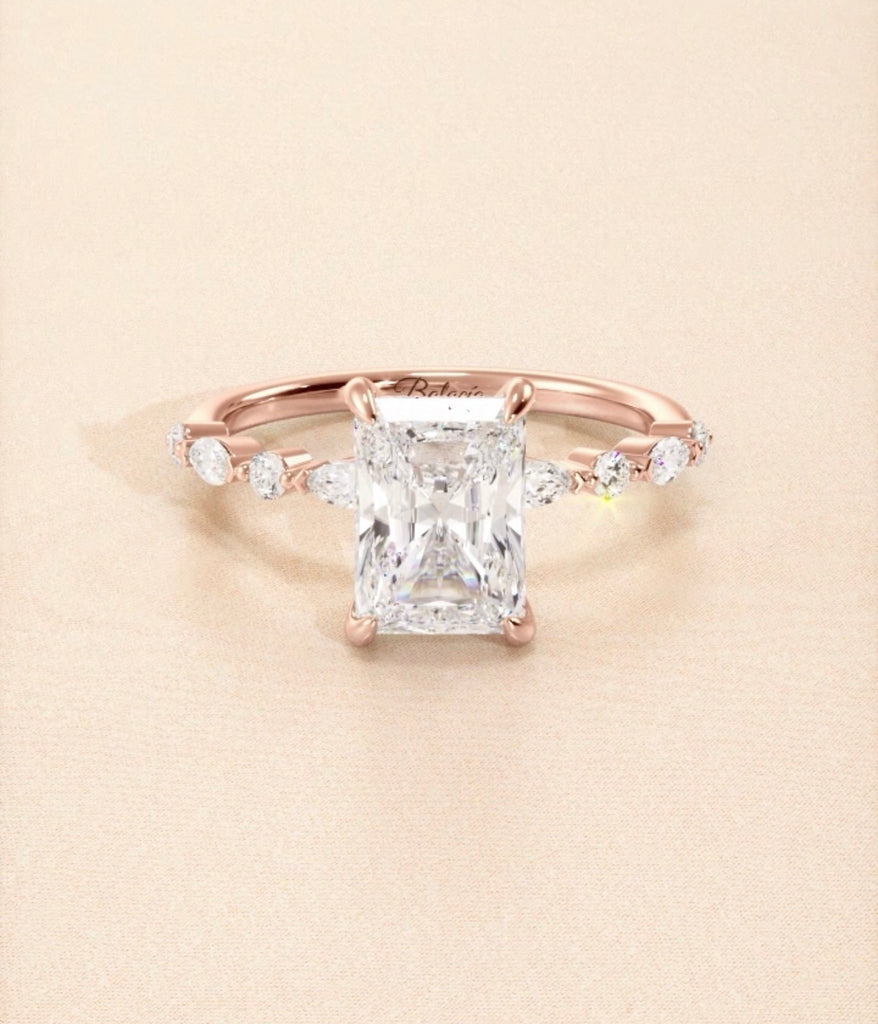 1.5ct Natural Diamond Radiant Cut Engagement Ring w/ Marquise Side Stones & Hidden Halo