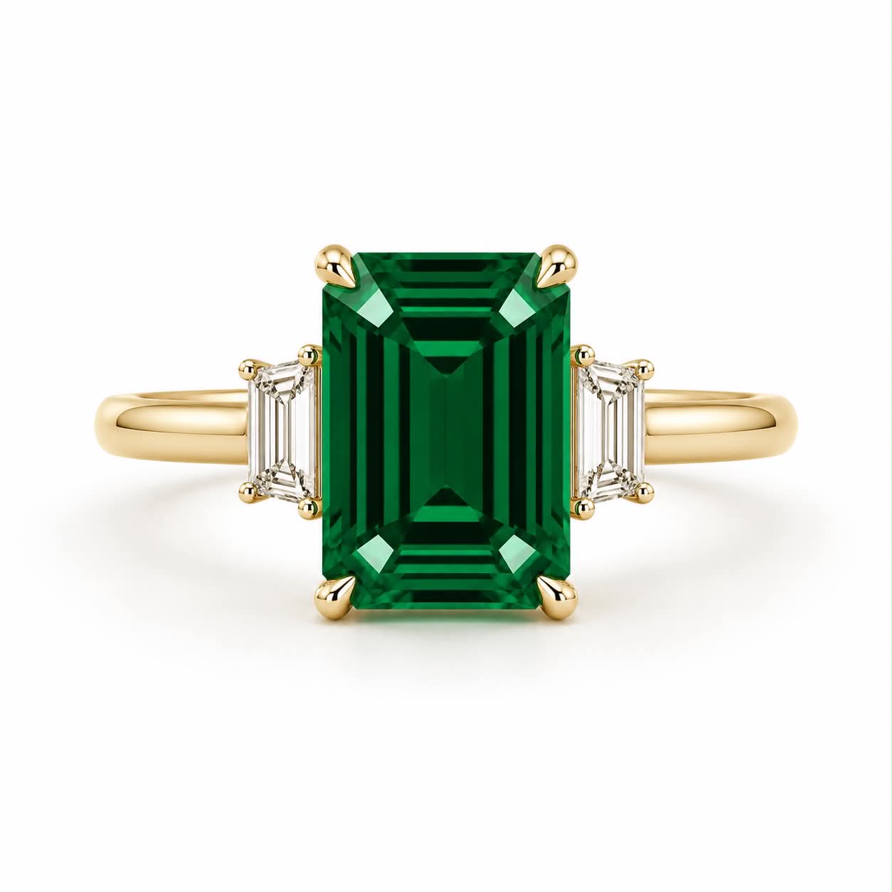 Green Emerald 3 Stone Engagement Ring