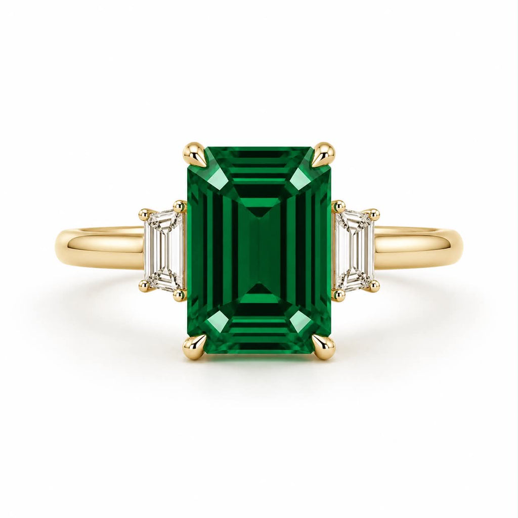 Green Emerald 3 Stone Engagement Ring