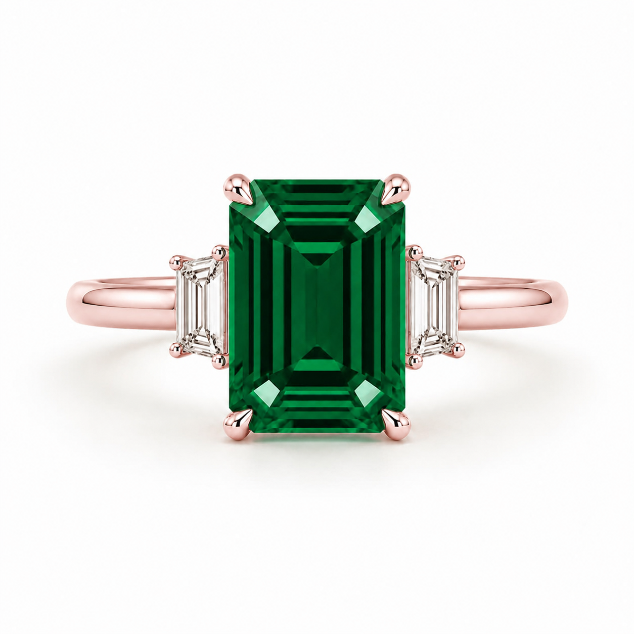 Green Emerald Cut Diamond 3 Stone Engagement Ring Rose Gold