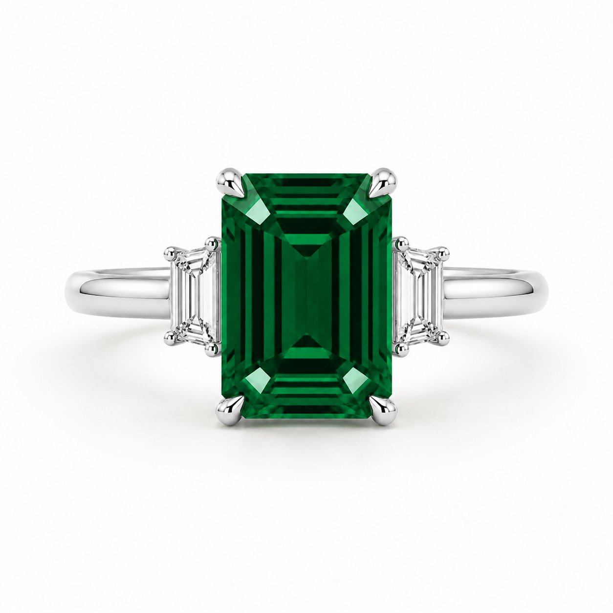 Green Emerald Cut Diamond 3 Stone Engagement Ring White Gold