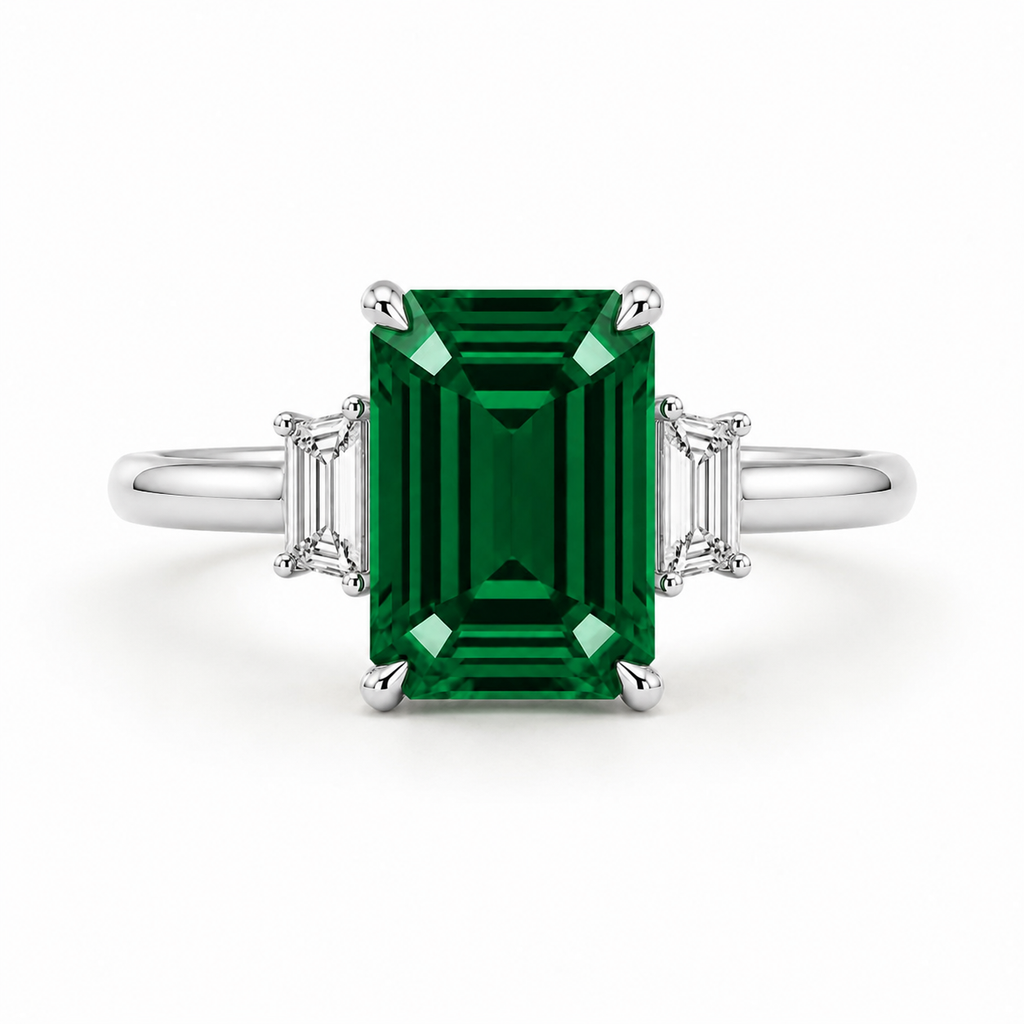 Green Emerald Cut Diamond 3 Stone Engagement Ring White Gold