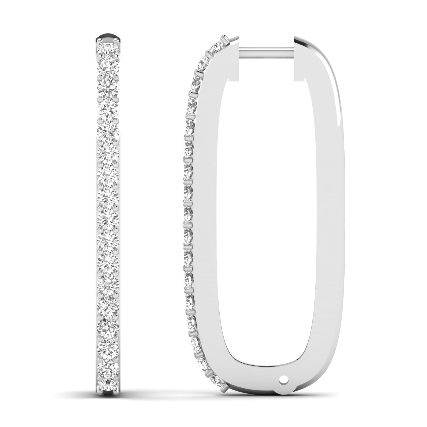 Elegant bold elongated diamond hoop earrings featuring sparkling diamonds set in high-quality metal, perfect for a chic and sophisticated look | White Gold | Front + Side View