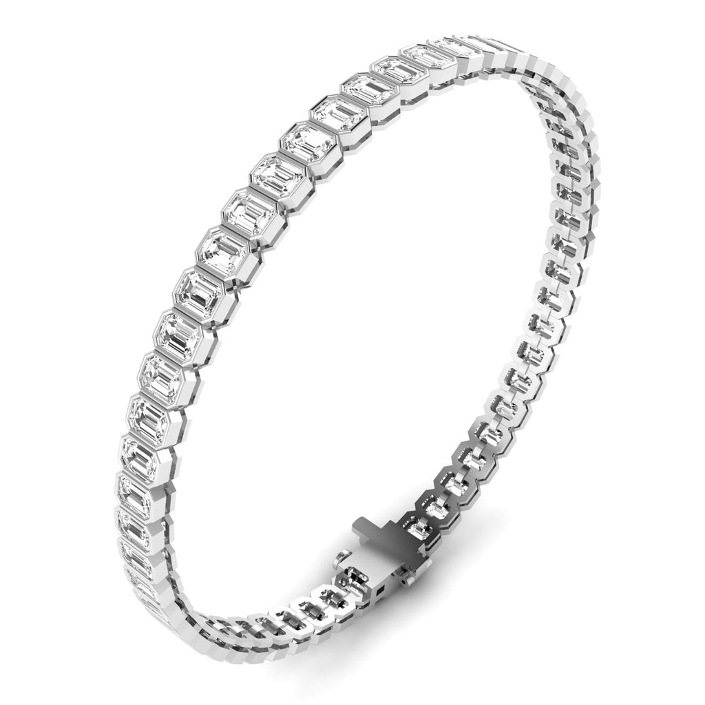 Gleaming Bezel Emerald Cut Diamond Tennis Bracelet - Elegant design with bezel-set emerald cut diamonds | White Gold | Side View