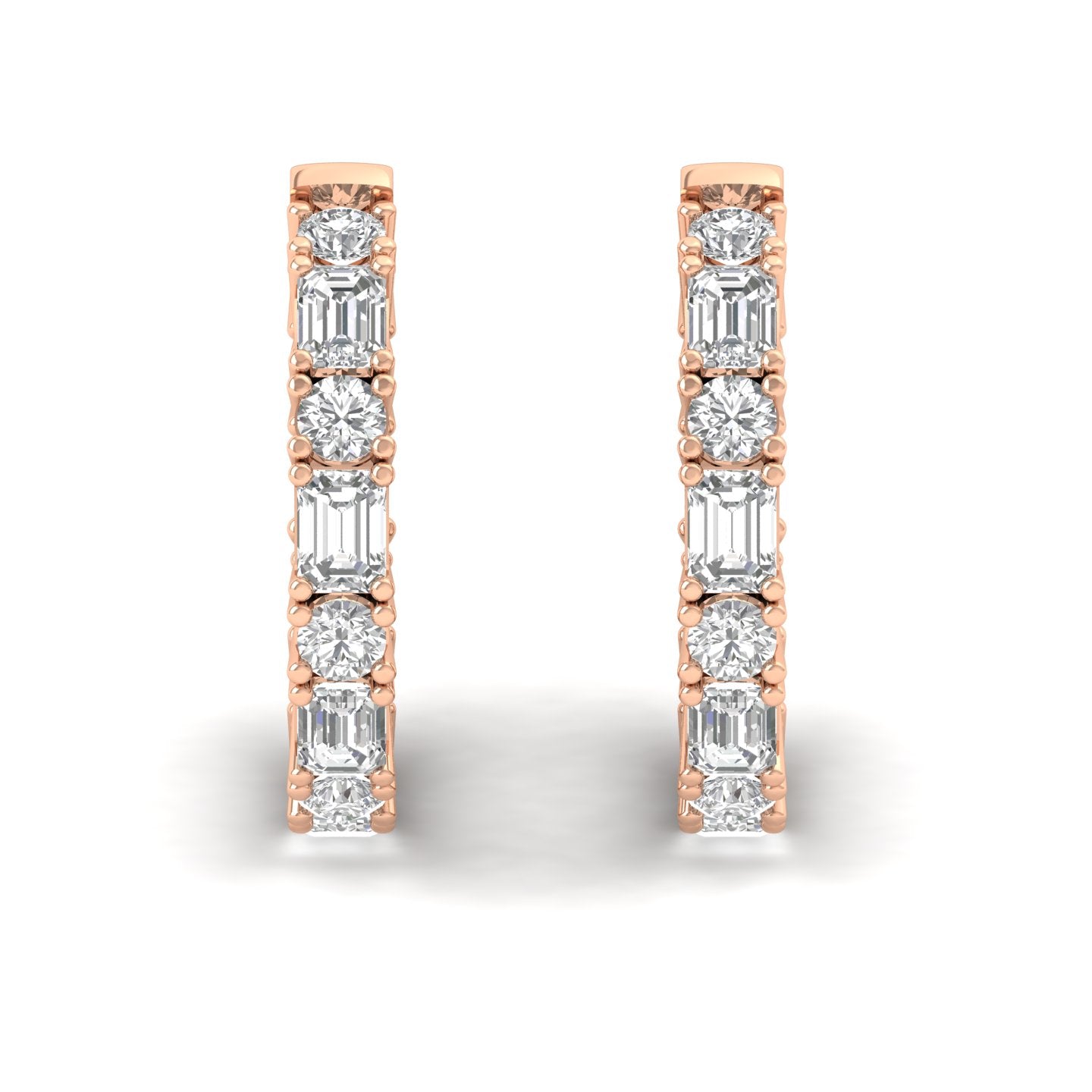 Elegant round and emerald cut diamond hoop earrings featuring a combination of radiant round diamonds and sleek emerald-cut stones, set in premium metal | Rose Gold | Front View