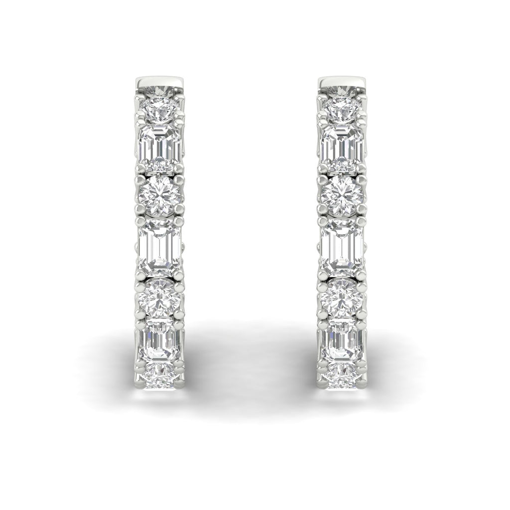 Elegant round and emerald cut diamond hoop earrings featuring a combination of radiant round diamonds and sleek emerald-cut stones, set in premium metal | White Gold | Front View