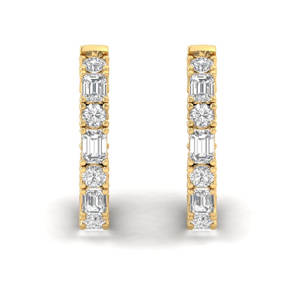 Elegant round and emerald cut diamond hoop earrings featuring a combination of radiant round diamonds and sleek emerald-cut stones, set in premium metal | Yellow Gold | Front View