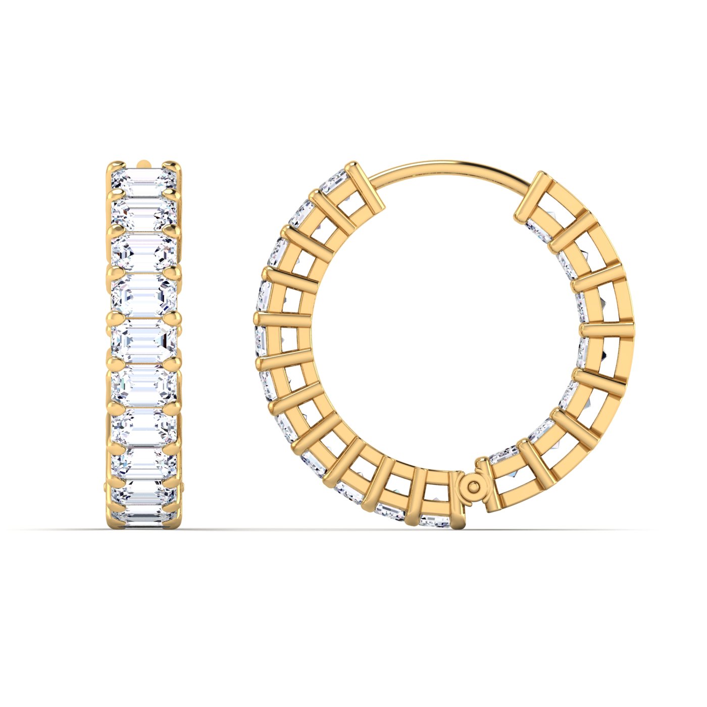 Stunning lush emerald cut diamond hoop earrings, featuring elegant emerald-cut diamonds set in a sleek metal frame, offering a sophisticated and luxurious look | Yellow Gold | Front + Side View