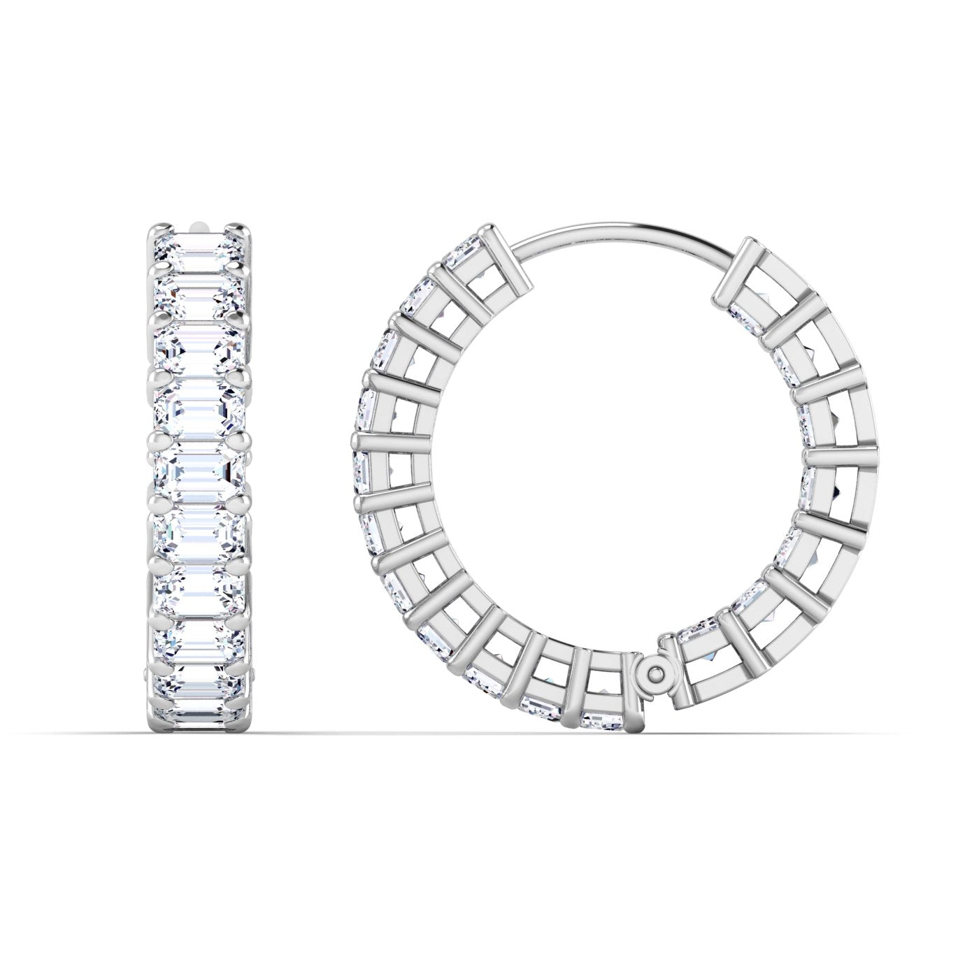 Stunning lush emerald cut diamond hoop earrings, featuring elegant emerald-cut diamonds set in a sleek metal frame, offering a sophisticated and luxurious look | White Gold | Front + Side View