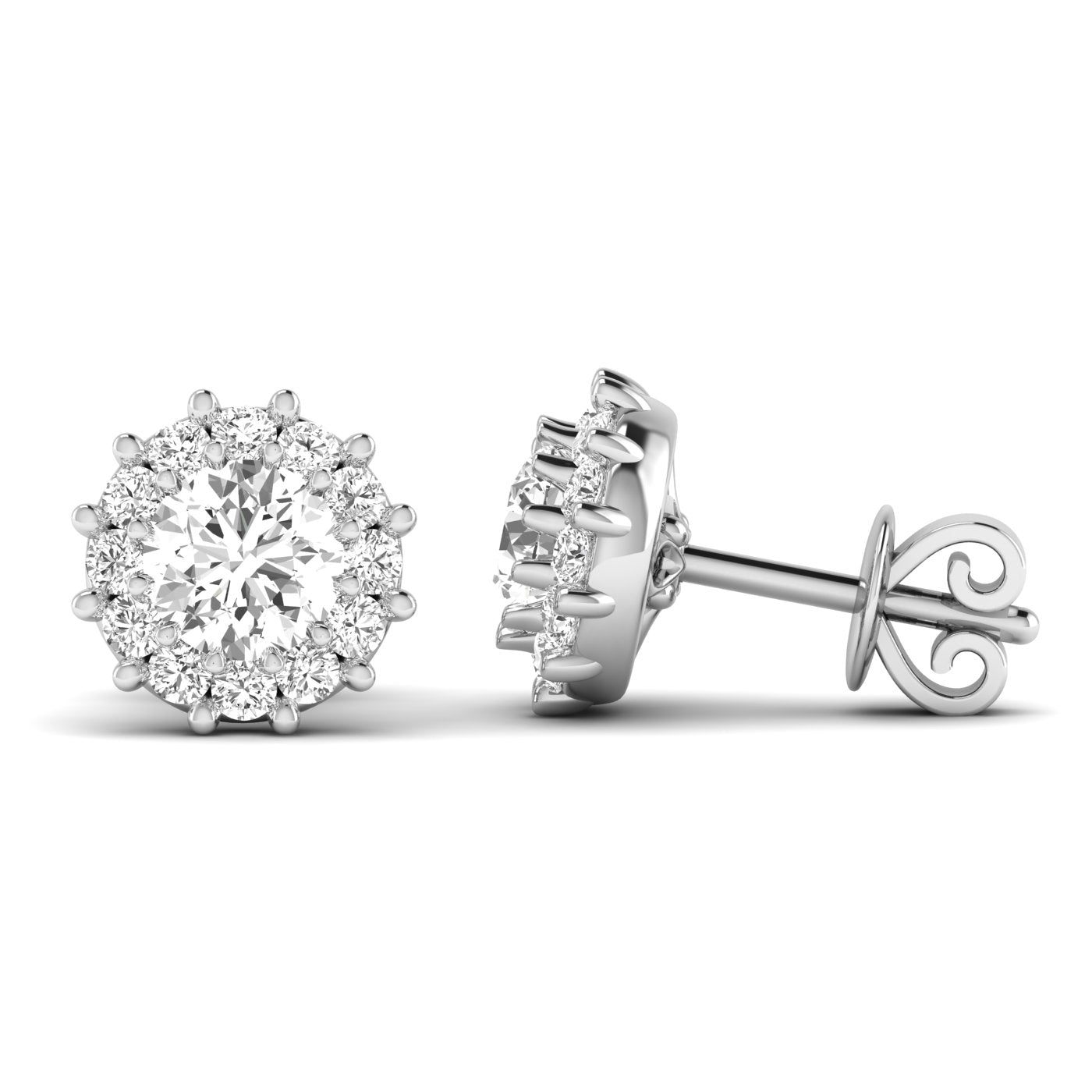 Stunning dazzling diamond halo stud earrings featuring a brilliant center diamond surrounded by a sparkling halo of smaller diamonds | White Gold | Side View