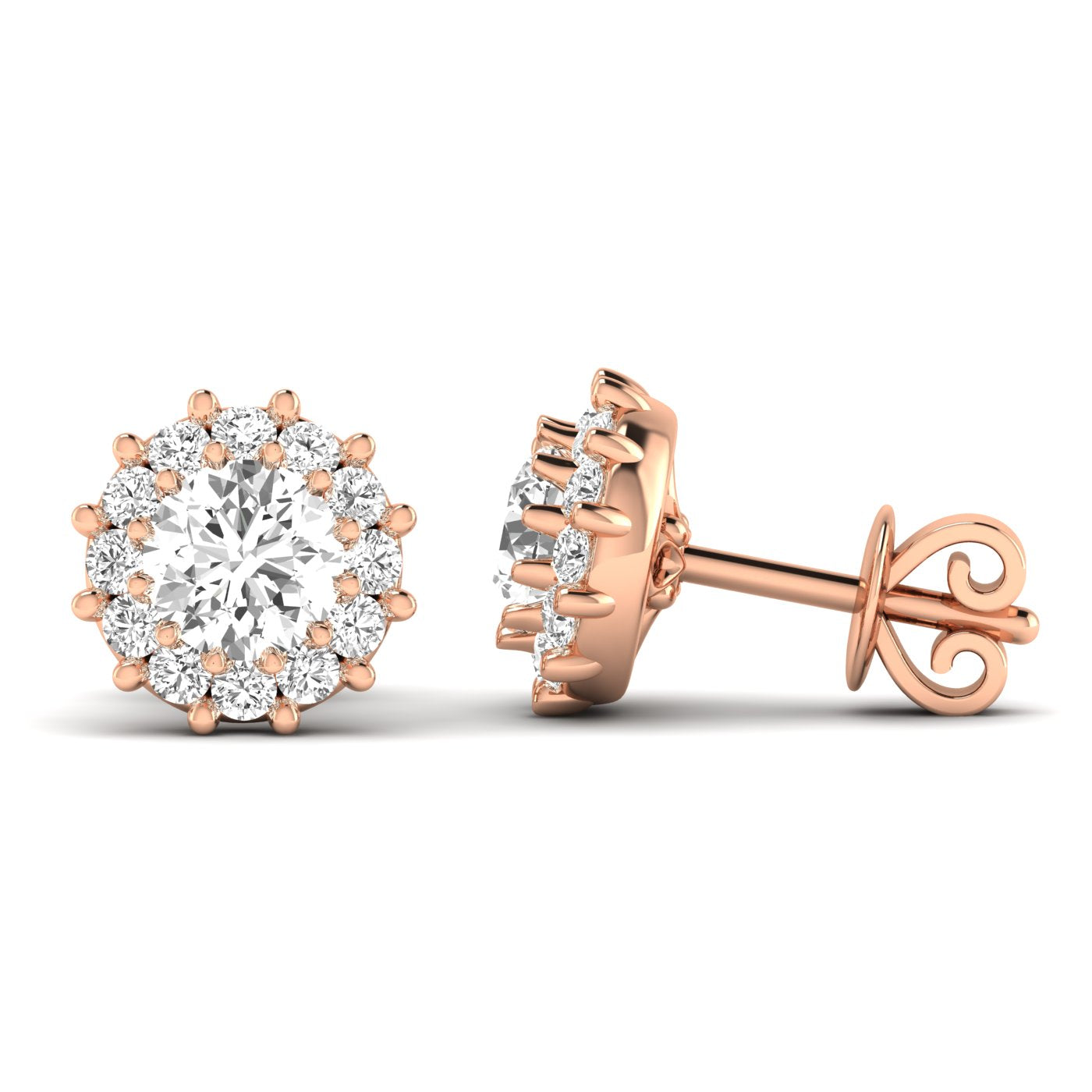 Stunning dazzling diamond halo stud earrings featuring a brilliant center diamond surrounded by a sparkling halo of smaller diamonds | Rose Gold | Side View