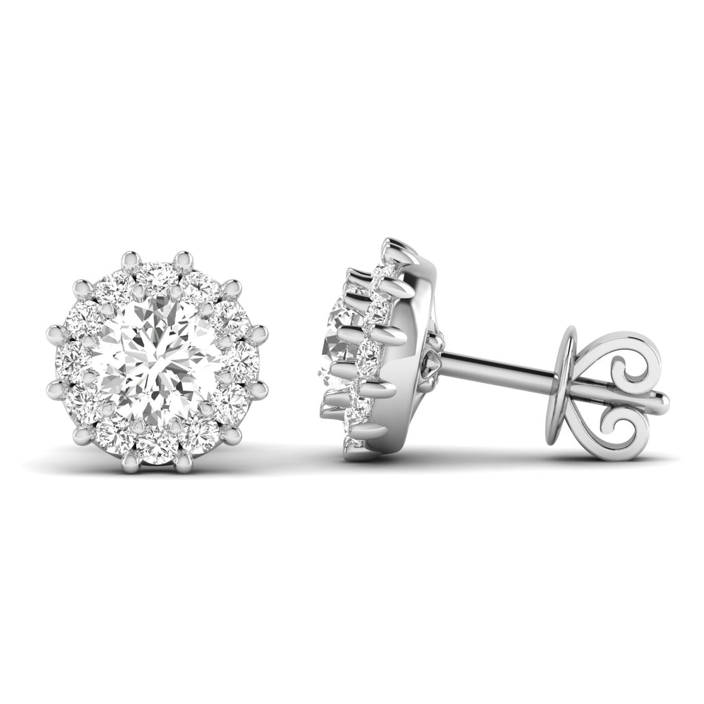 Stunning dazzling diamond halo stud earrings featuring a brilliant center diamond surrounded by a sparkling halo of smaller diamonds | White Gold | Side View