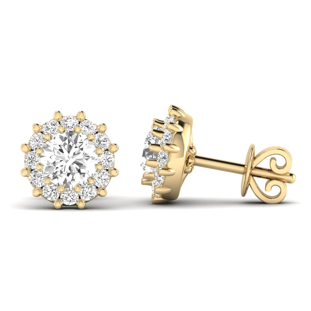 Stunning dazzling diamond halo stud earrings featuring a brilliant center diamond surrounded by a sparkling halo of smaller diamonds | Yellow Gold | Side View