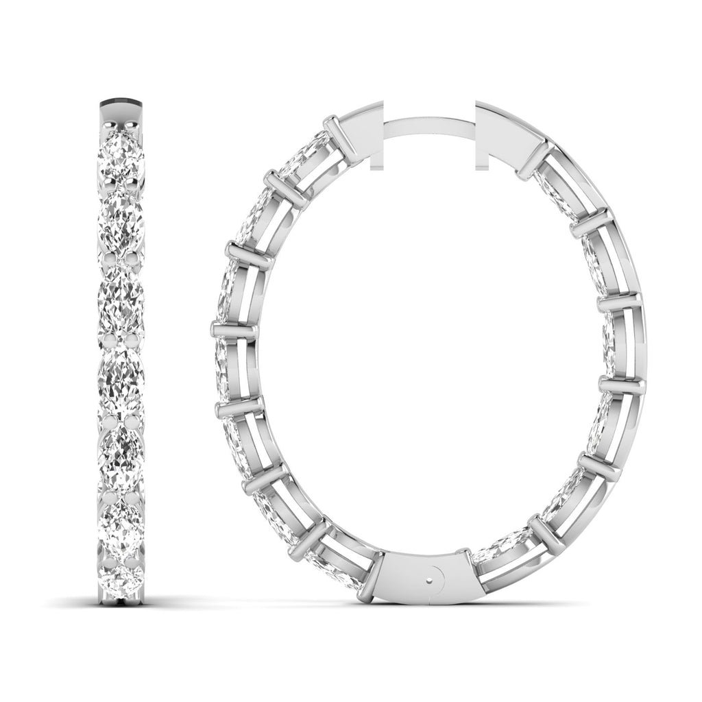 Elegant dazzling oval diamond hoop earrings featuring brilliant diamonds set in a high-quality metal frame, offering a luxurious and sophisticated look | White Gold | Front + Side View