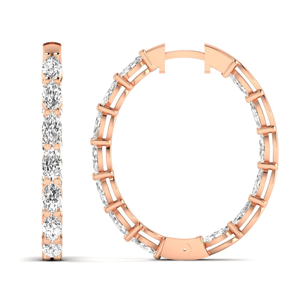 Elegant dazzling oval diamond hoop earrings featuring brilliant diamonds set in a high-quality metal frame, offering a luxurious and sophisticated look | Rose Gold | Front + Side View