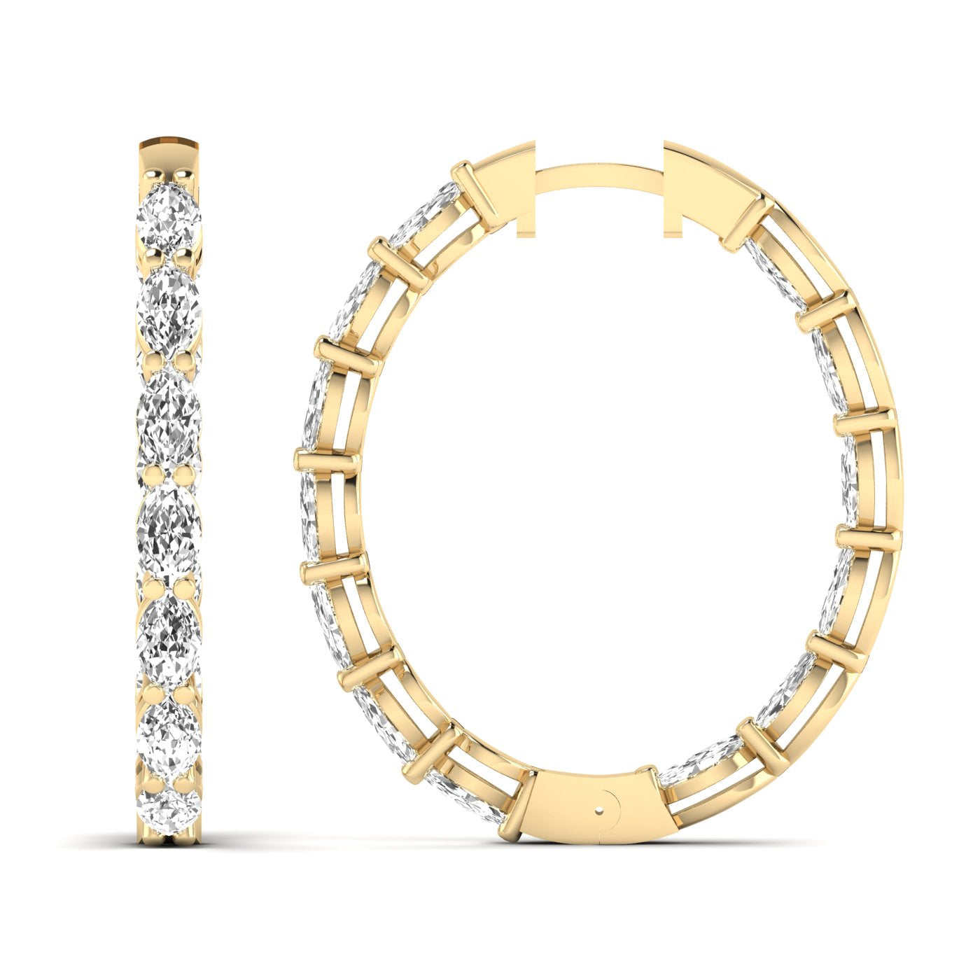 Elegant dazzling oval diamond hoop earrings featuring brilliant diamonds set in a high-quality metal frame, offering a luxurious and sophisticated look | Yellow Gold | Front + Side View