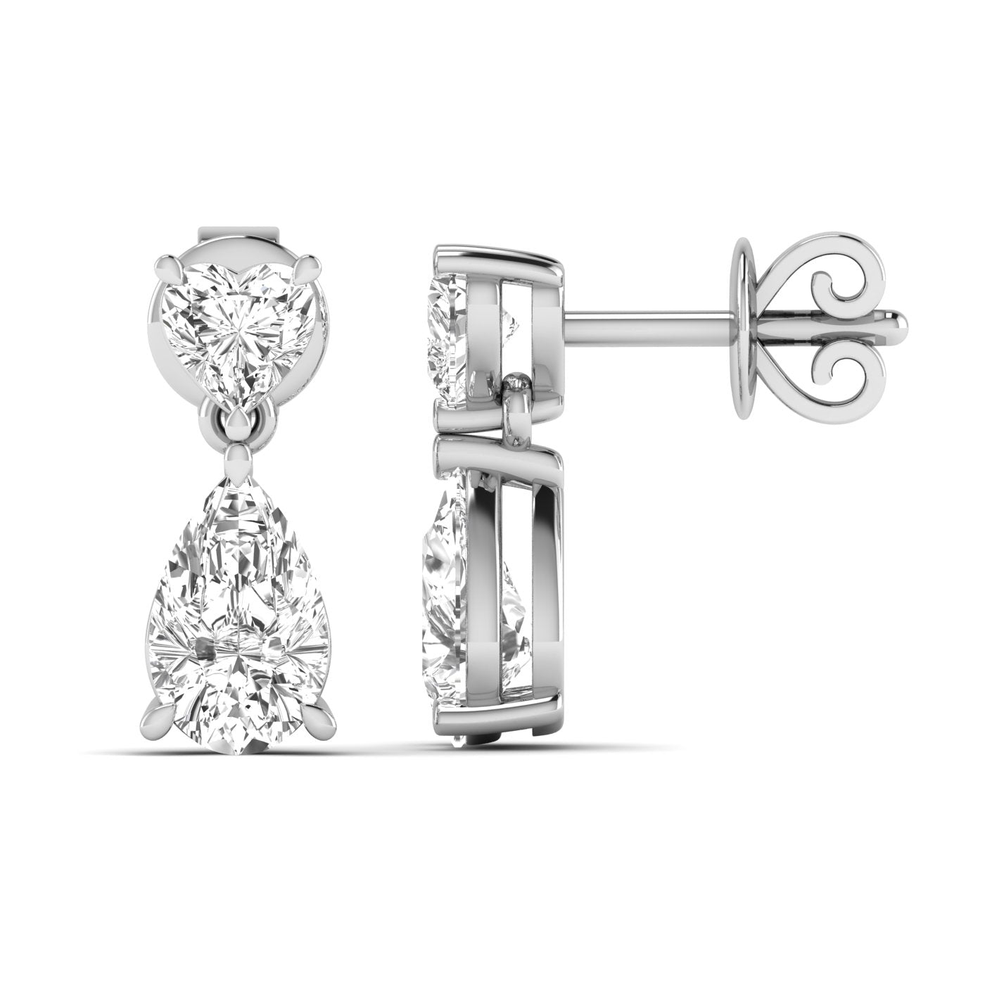 Elegant Heart and Pear Diamonds Drop Earrings featuring a combination of sparkling heart-shaped and pear-shaped diamonds, offering a romantic and sophisticated look | White Gold | Front + Side View