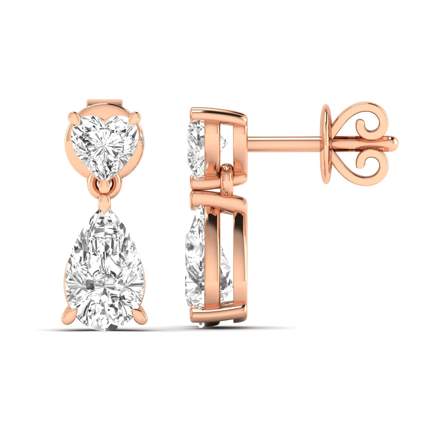 Elegant Heart and Pear Diamonds Drop Earrings featuring a combination of sparkling heart-shaped and pear-shaped diamonds, offering a romantic and sophisticated look | Rose Gold | Front + Side View