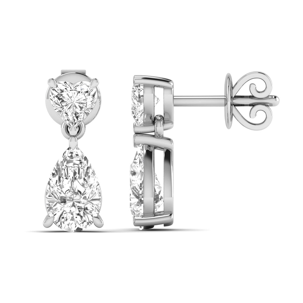 Elegant Heart and Pear Diamonds Drop Earrings featuring a combination of sparkling heart-shaped and pear-shaped diamonds, offering a romantic and sophisticated look | White Gold | Front + Side View