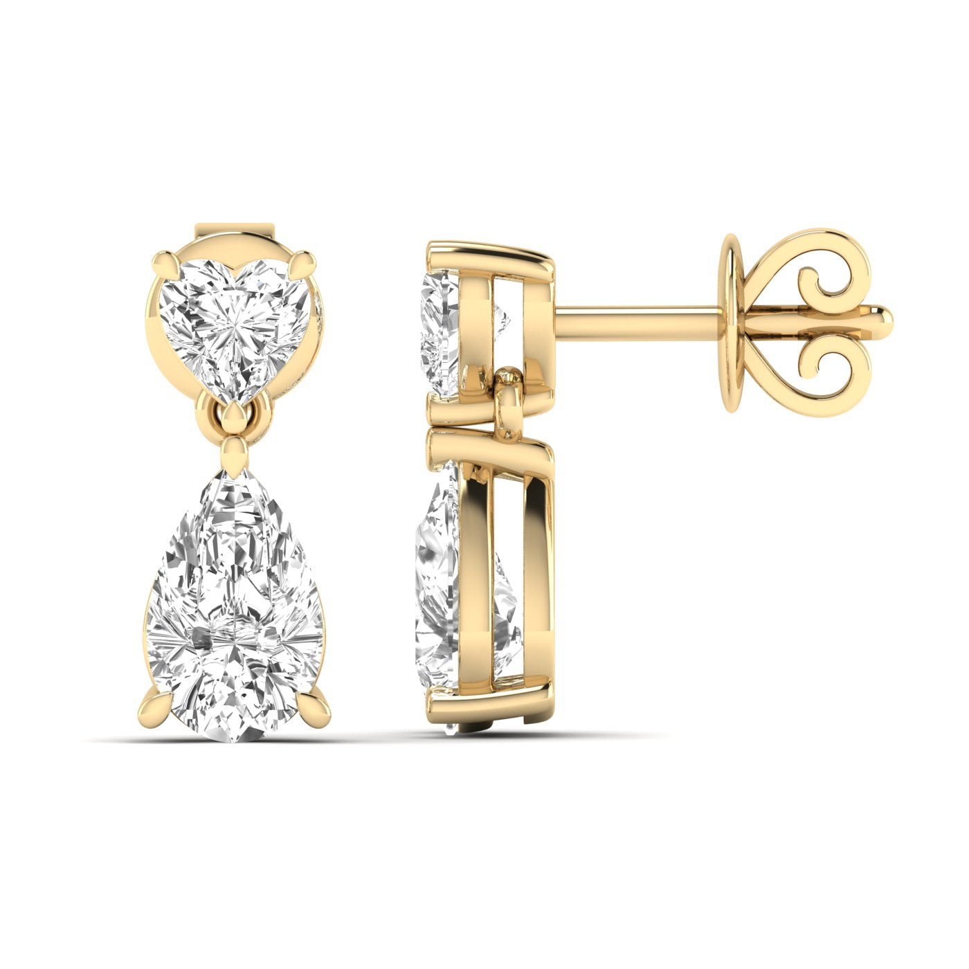 Elegant Heart and Pear Diamonds Drop Earrings featuring a combination of sparkling heart-shaped and pear-shaped diamonds, offering a romantic and sophisticated look | Yellow Gold | Front + Side View