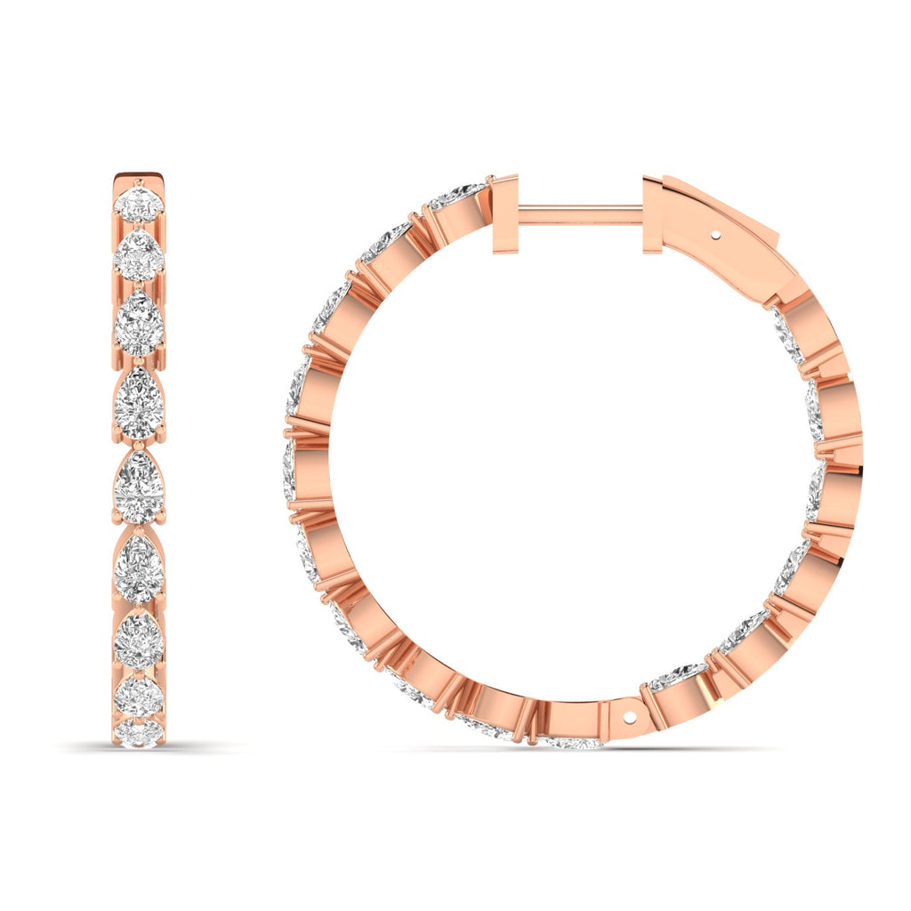 Stylish Seamless Pear Hoops Diamond Earrings featuring elegant pear-shaped diamonds set in a smooth, continuous hoop design for a refined and modern look | Rose Gold | Front + Side View