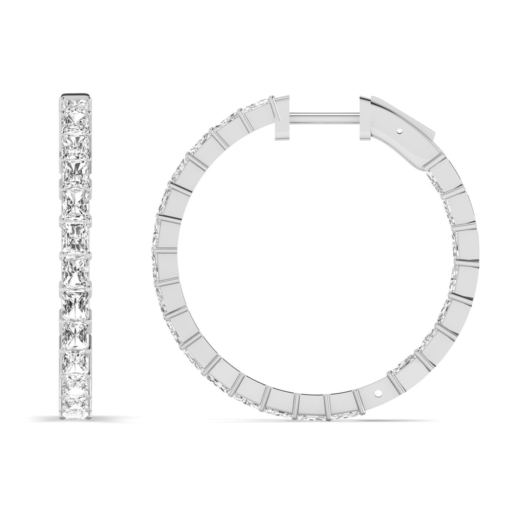 Radiant Cut Diamond Hoop Earrings featuring brilliant radiant-cut diamonds set in a sleek hoop design, offering a bold and elegant look for any occasion | White Gold | Front + Side View