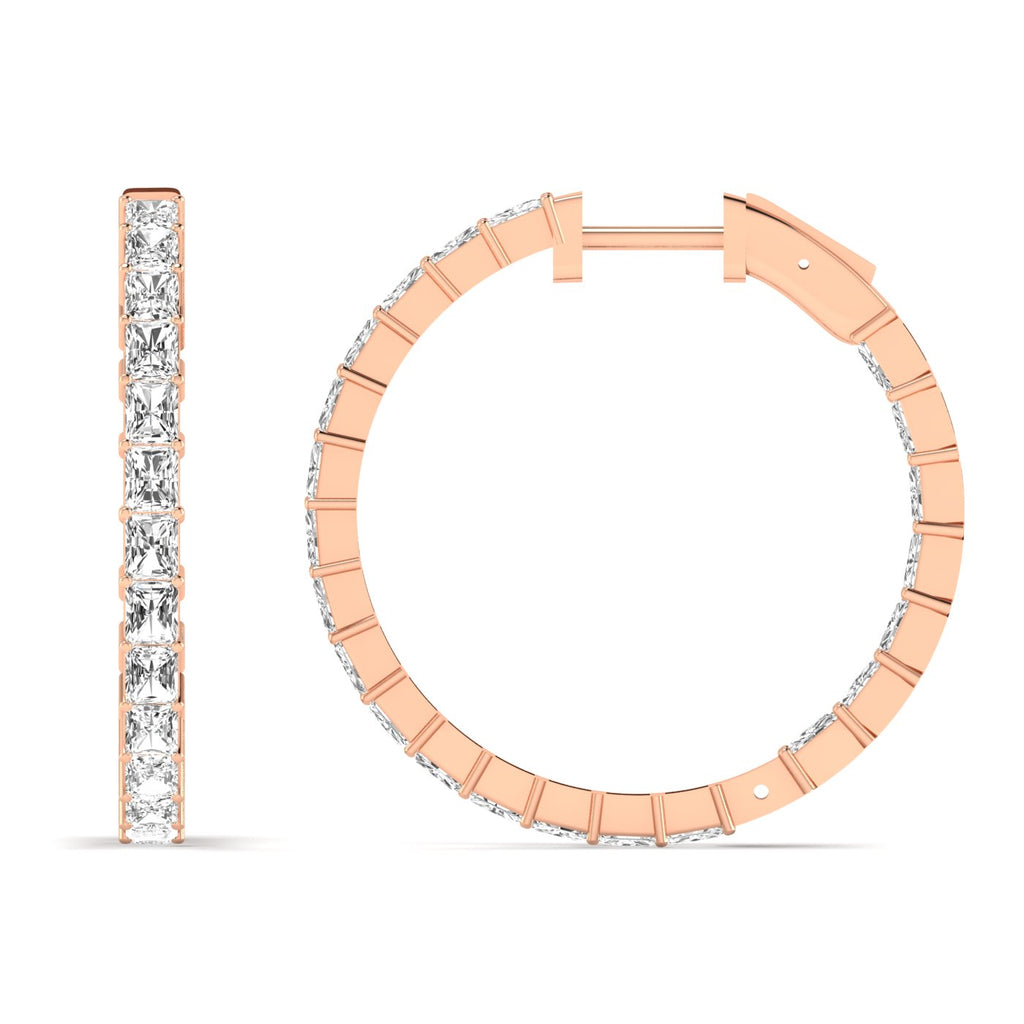 Radiant Cut Diamond Hoop Earrings featuring brilliant radiant-cut diamonds set in a sleek hoop design, offering a bold and elegant look for any occasion | Rose Gold | Front + Side View