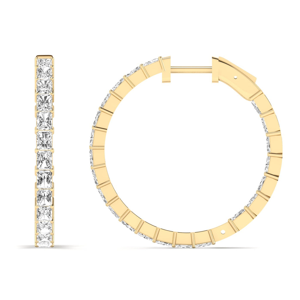 Radiant Cut Diamond Hoop Earrings featuring brilliant radiant-cut diamonds set in a sleek hoop design, offering a bold and elegant look for any occasion | Yellow Gold | Front + Side View