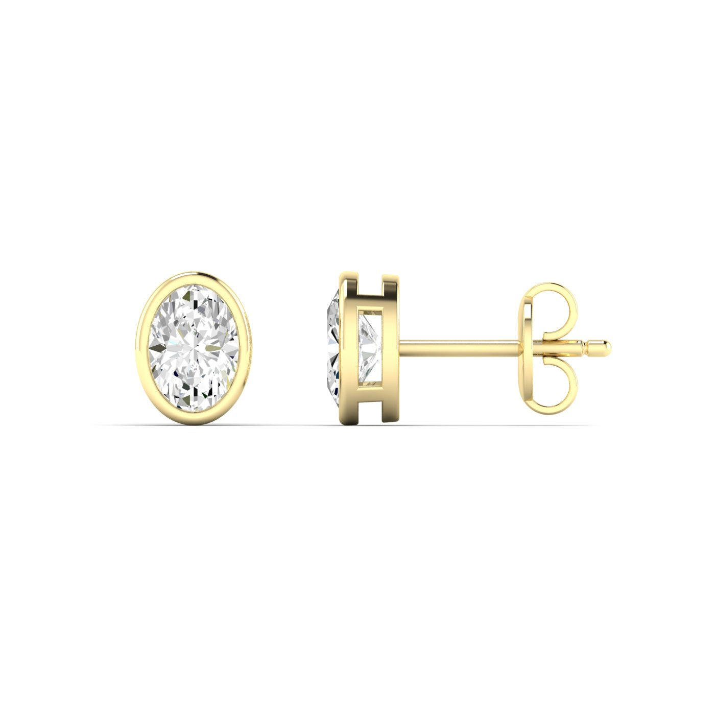 Sophisticated bezel oval diamond stud earrings, featuring a sleek bezel setting that enhances the beauty of the oval-cut diamonds | Yellow Gold | Side View