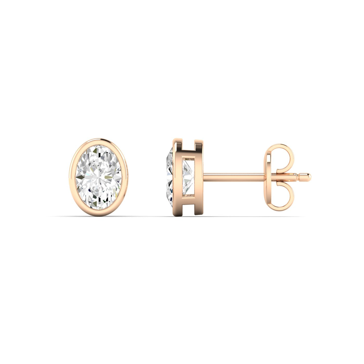 Sophisticated bezel oval diamond stud earrings, featuring a sleek bezel setting that enhances the beauty of the oval-cut diamonds | Rose Gold | Side View