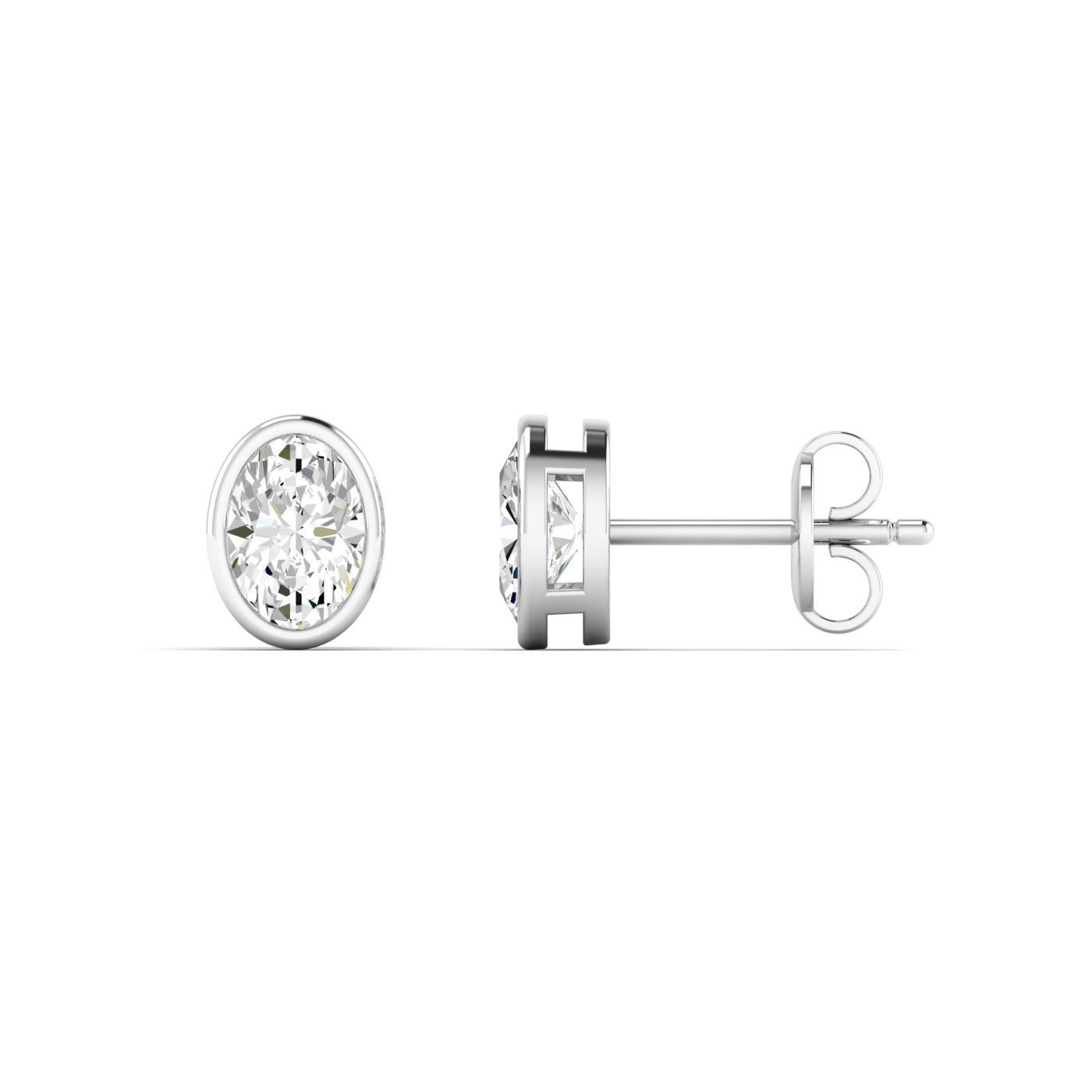 Sophisticated bezel oval diamond stud earrings, featuring a sleek bezel setting that enhances the beauty of the oval-cut diamonds | White Gold | Side View