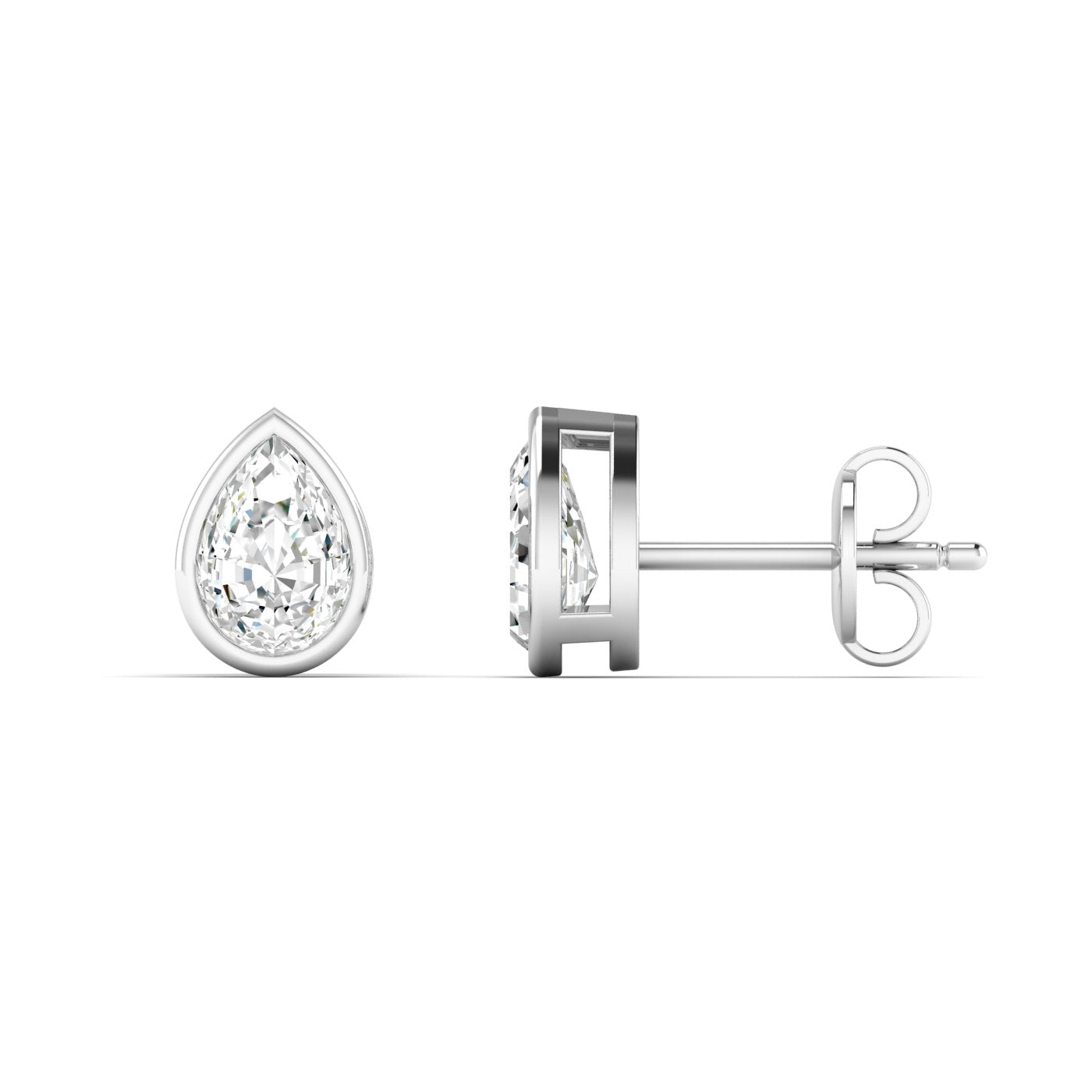 Bezel-set pear-shaped diamond stud earrings featuring elegant pear-cut diamonds in a secure, modern bezel setting for a timeless and sophisticated look | White Gold | Side View