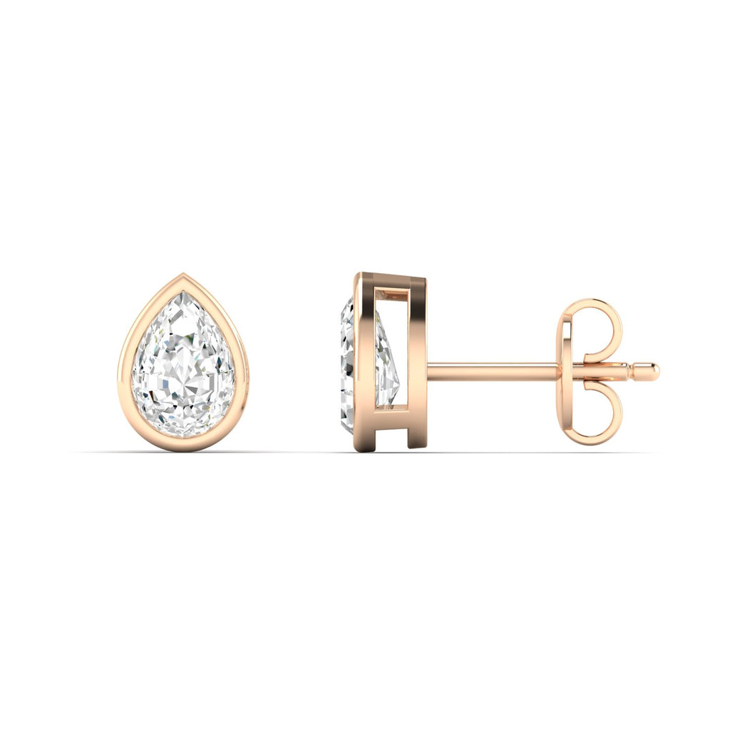 Bezel-set pear-shaped diamond stud earrings featuring elegant pear-cut diamonds in a secure, modern bezel setting for a timeless and sophisticated look | Rose Gold | Side View