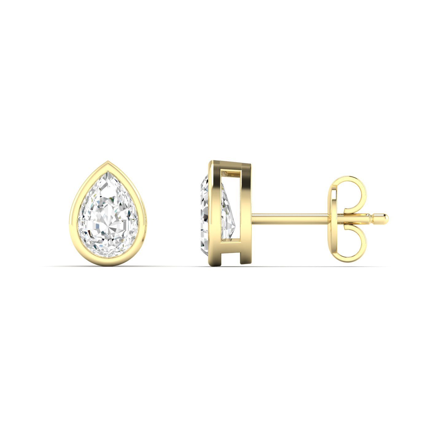 Bezel-set pear-shaped diamond stud earrings featuring elegant pear-cut diamonds in a secure, modern bezel setting for a timeless and sophisticated look | Yellow Gold | Side View